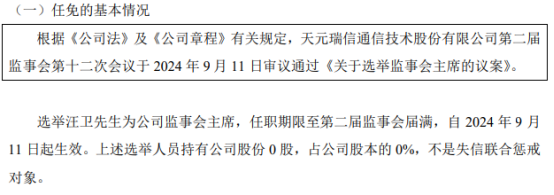 天博天元通信选举汪卫为公司监事会主席 2024年上半年公司净利6818万(图1)